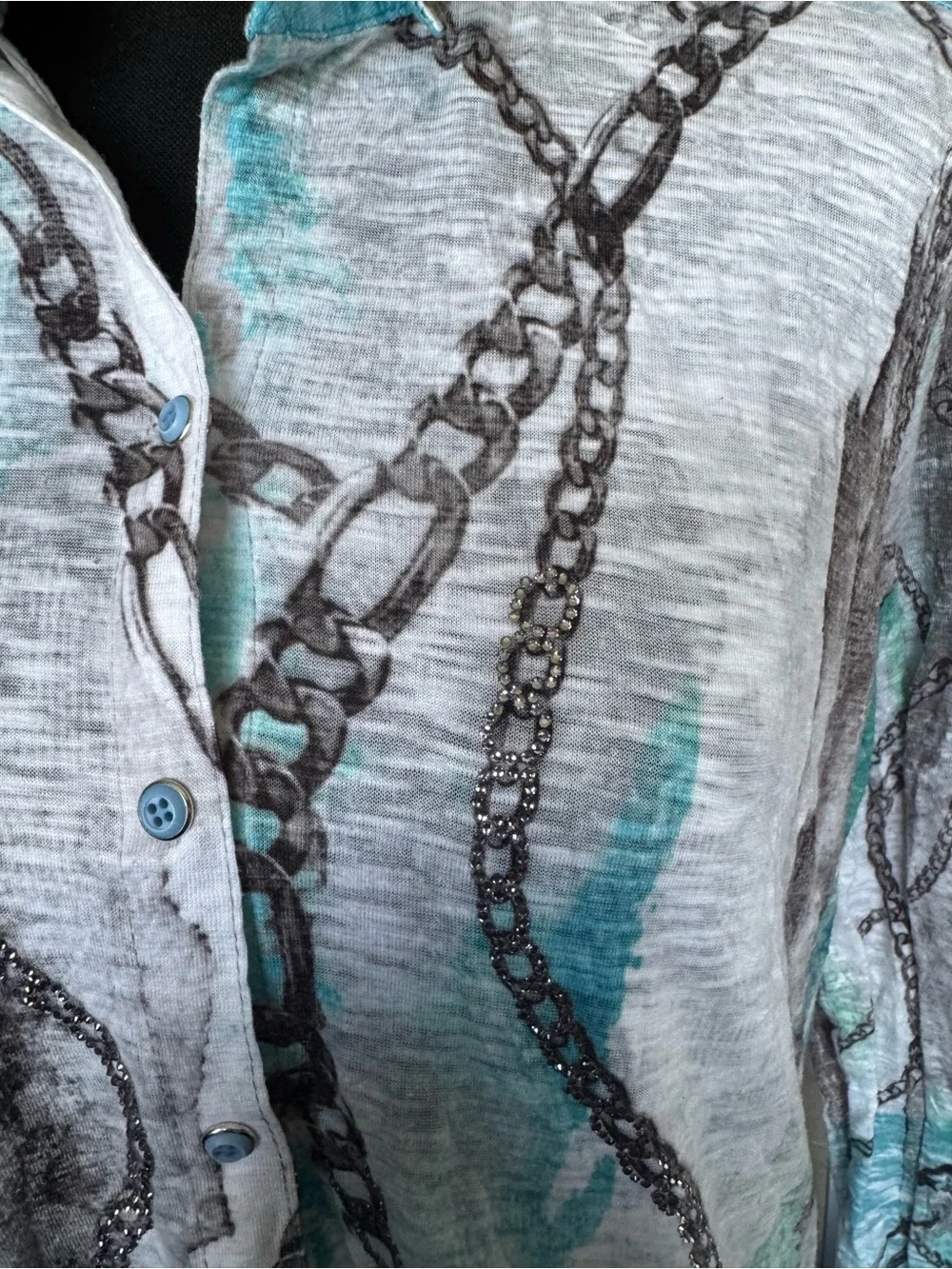 David Cline M Chain Print Rhinestone Button Down Shirt Turquoise Gray USA